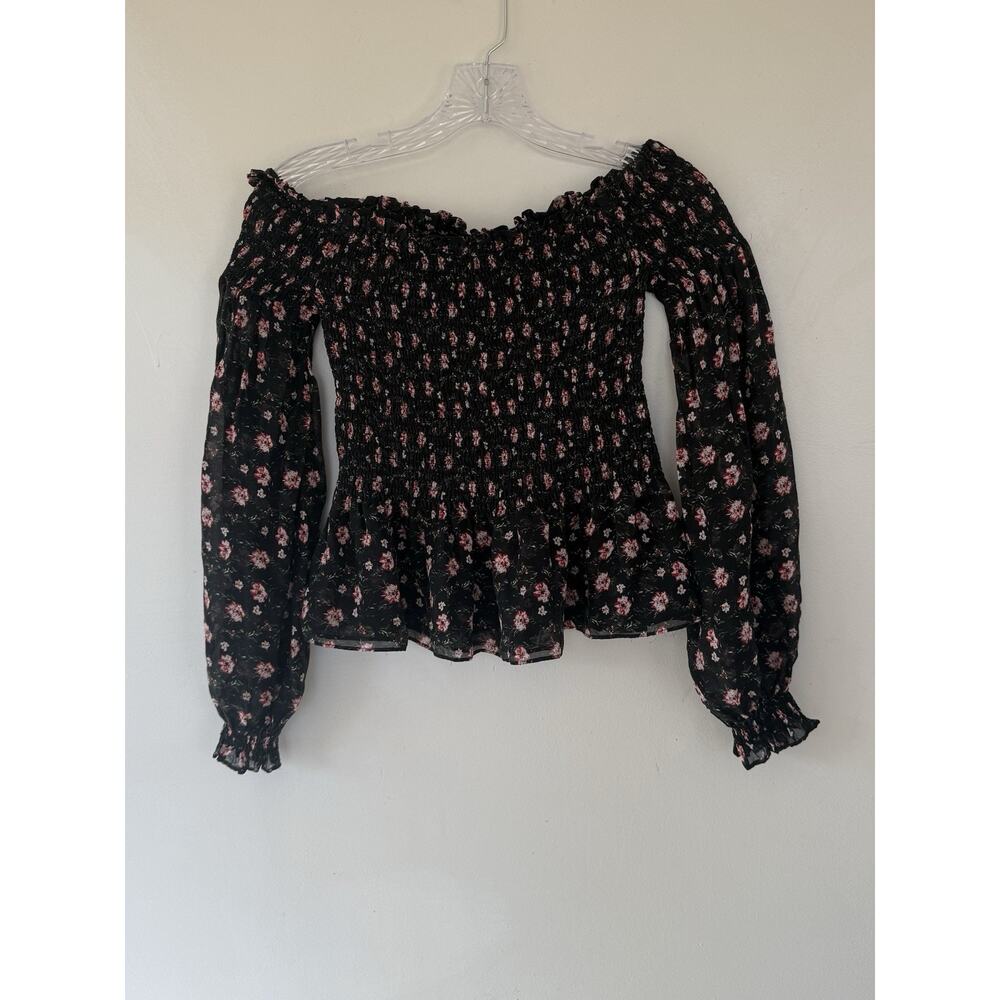 INTERMIX Black Pink Green Floral Smocked Off-Shoulder Long Sleeve Blouse Size S